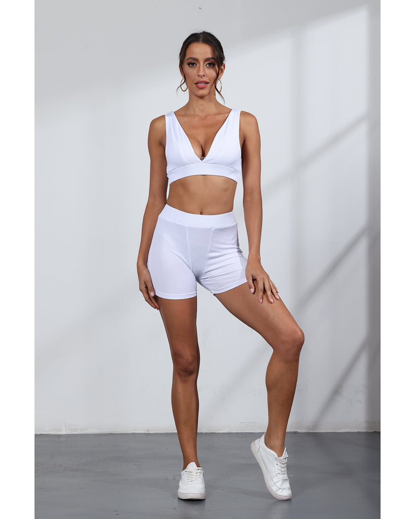 Ribbed Activewear Set - Crop Top & High Waist Shorts