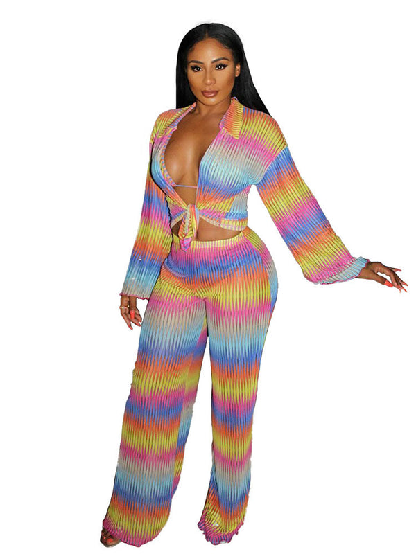 Three Piece Ruched Printed Cardigan Long Sleeves Outfits