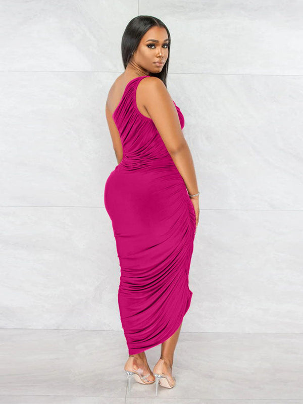 One Shoulder Sleeveless Backless Ruched Maxi Dresses