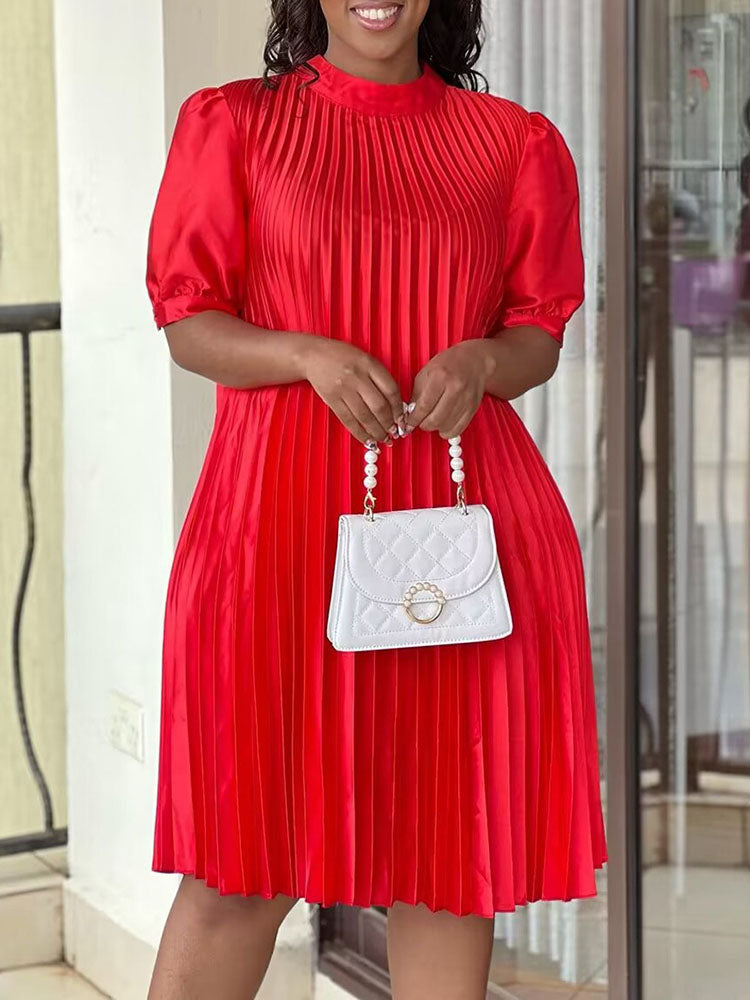 Short Sleeve Mock Neck Pleated Mini Dresses