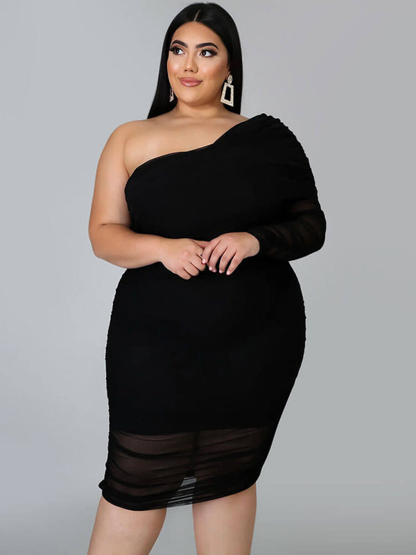 Plus Size One Shoulder Long Sleeve Mini Dress