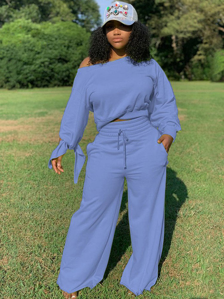 Solid Color Long Sleeve Fleece Pants Two-Piece Set