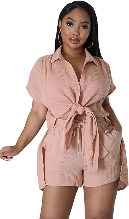 Two Piece Short Sleeve Crop Tops & Shorts