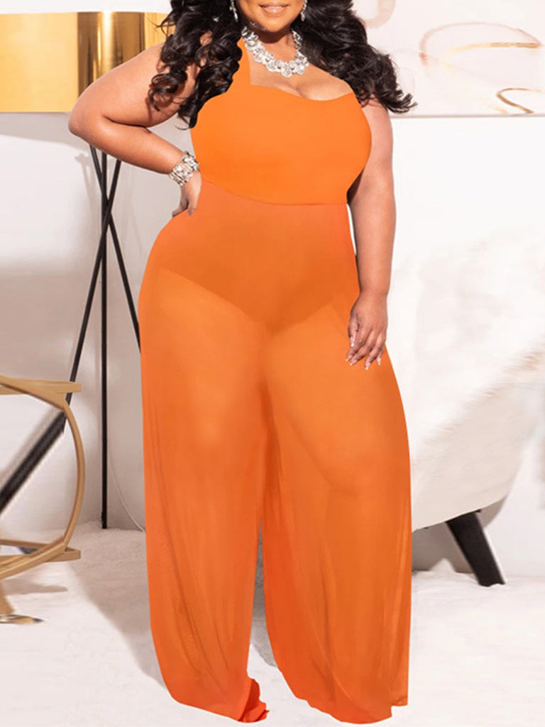 Halter Neck Backless Mesh Patchwork Jumpsuits