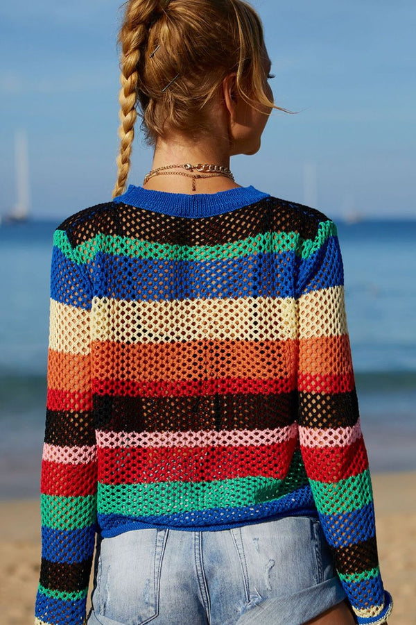 Rainbow Stripe Openwork Long Sleeve Crochet Cover Up Top