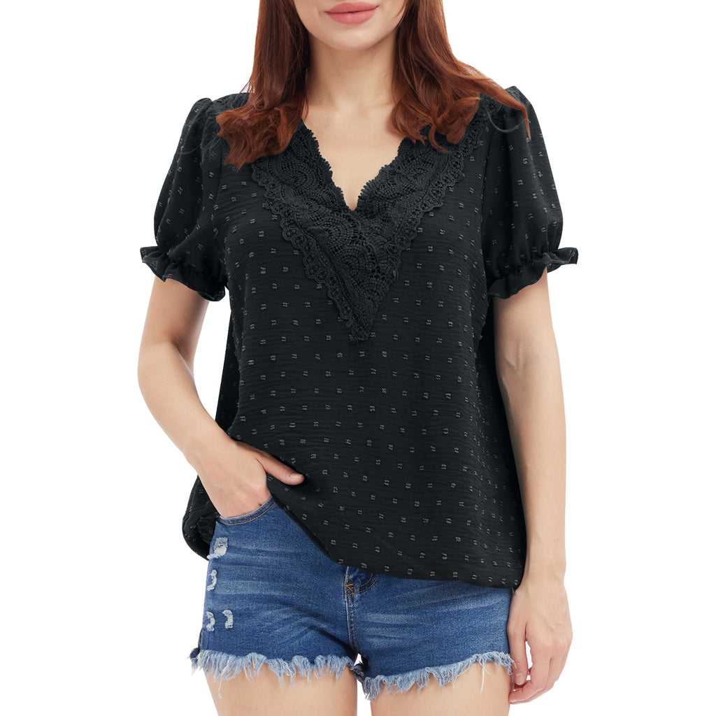 Chiffon V-Neck Lace Short Sleeve Tops