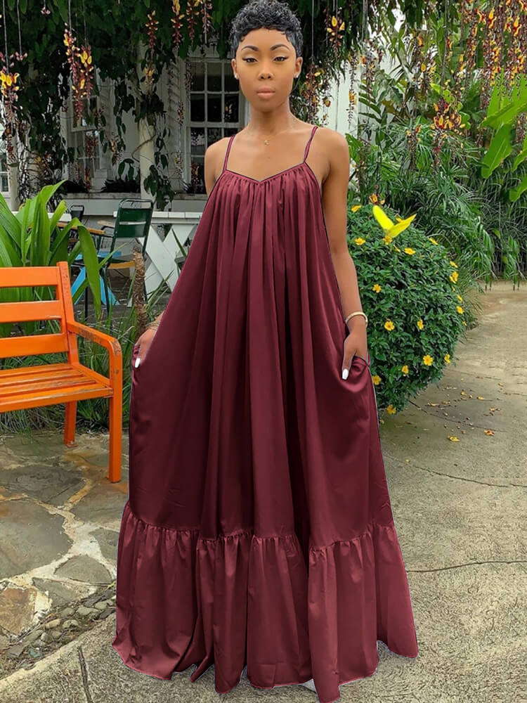 Plus Size Spaghetti Strap Ruffle Beach Maxi Swing Dresses