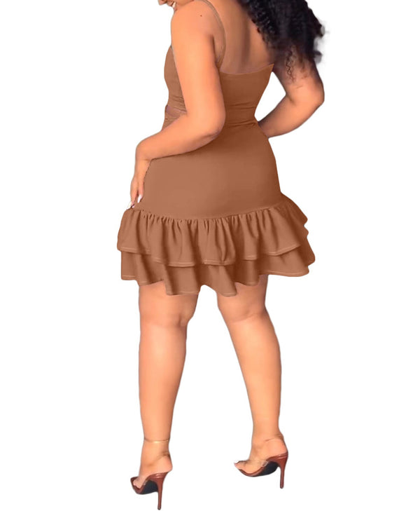 Spaghetti Strap Cut Out Ruffle Mini Dress