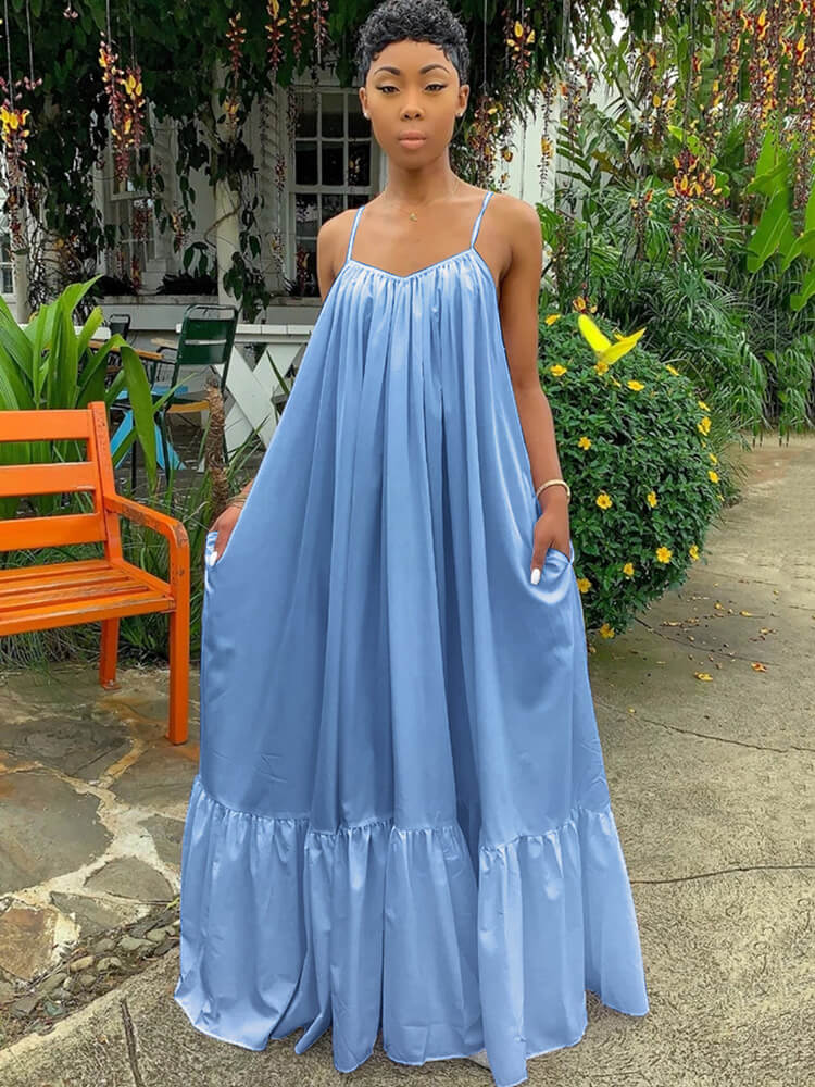 Plus Size Spaghetti Strap Ruffle Beach Maxi Swing Dresses