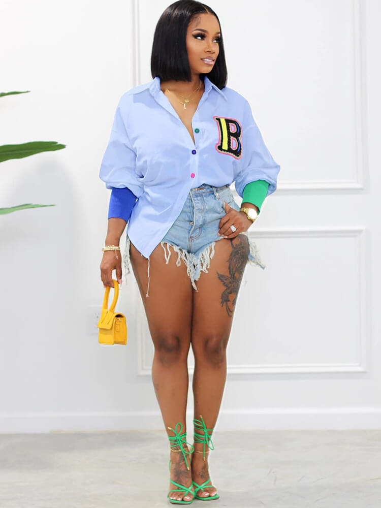 Color Block Letter Embroidery Button Down Shirts