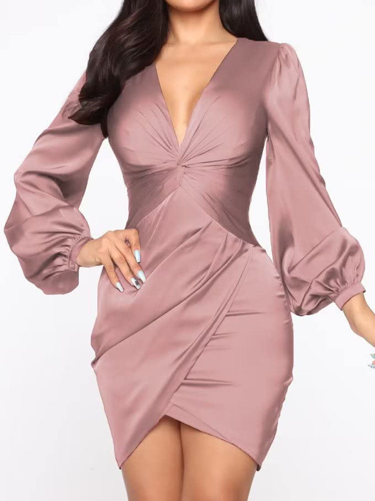 Satin Lantern Sleeves Ruched Mini Dresses