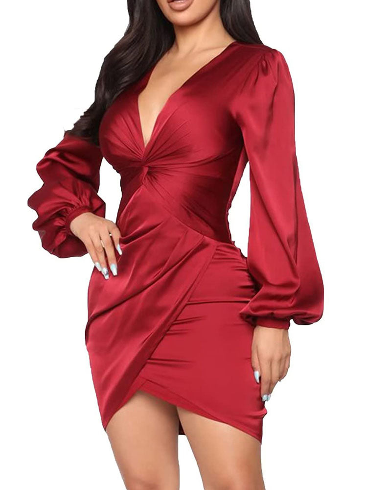 Satin Lantern Sleeves Ruched Mini Dresses