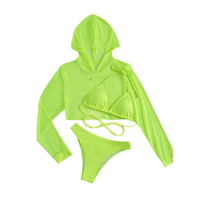 Sexy Neon 3 Piece Bikini set with Cover Up Hoodie Crop Top