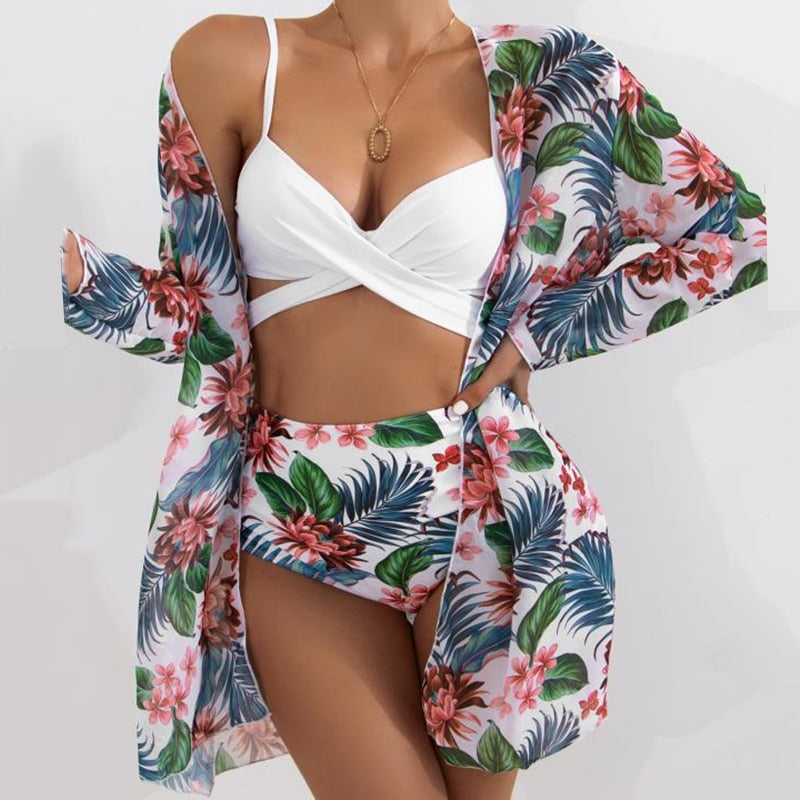 Modest 3 PCS White Floral Swimsuit Push up High Waist Swimwear Cover Up Set