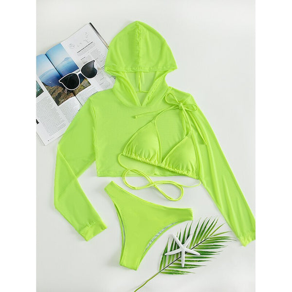 Sexy Neon 3 Piece Bikini set with Cover Up Hoodie Crop Top