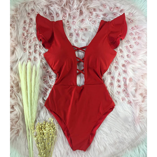 Beautiful Ruffle Deep V Neck One Piece Swimsuit