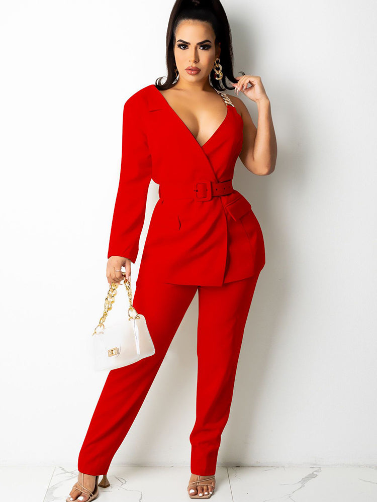 Two Piece One Shoulder Blazer Pants Suit