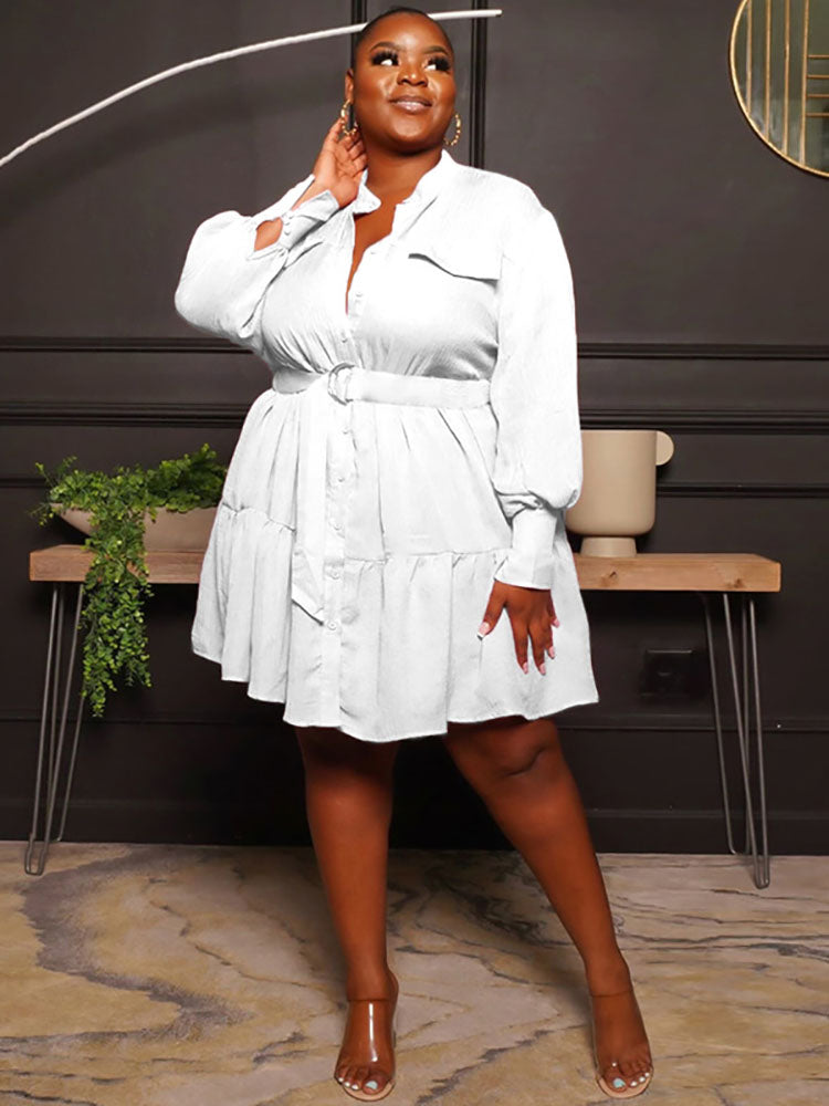 Plus Size Long Sleeves Ruffle Hem Midi Shirt Dresses