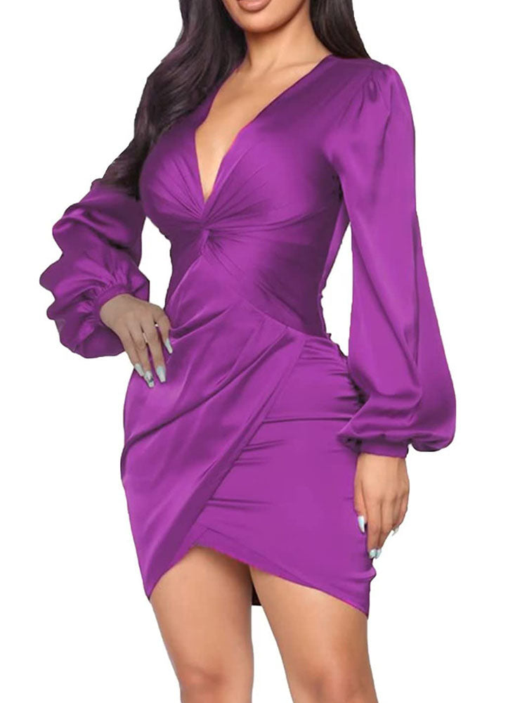 Satin Lantern Sleeves Ruched Mini Dresses