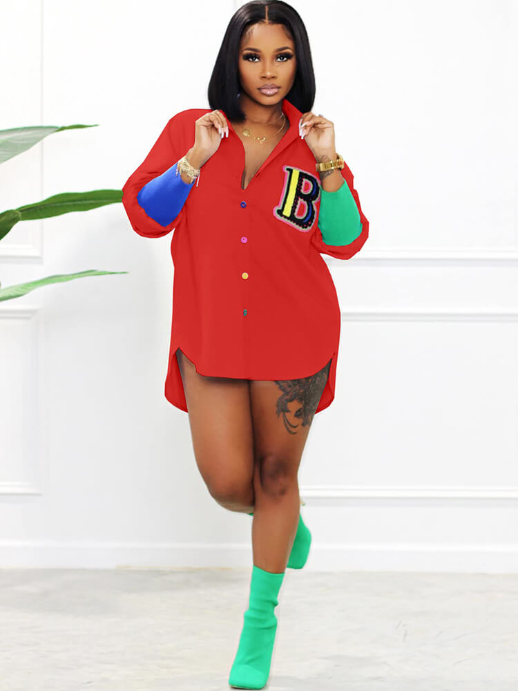 Color Block Letter Embroidery Button Down Shirts