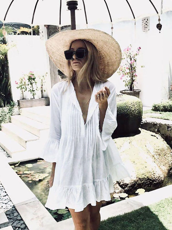 Sunset and Swim Loose Pleated White Beach Cover Up Dress