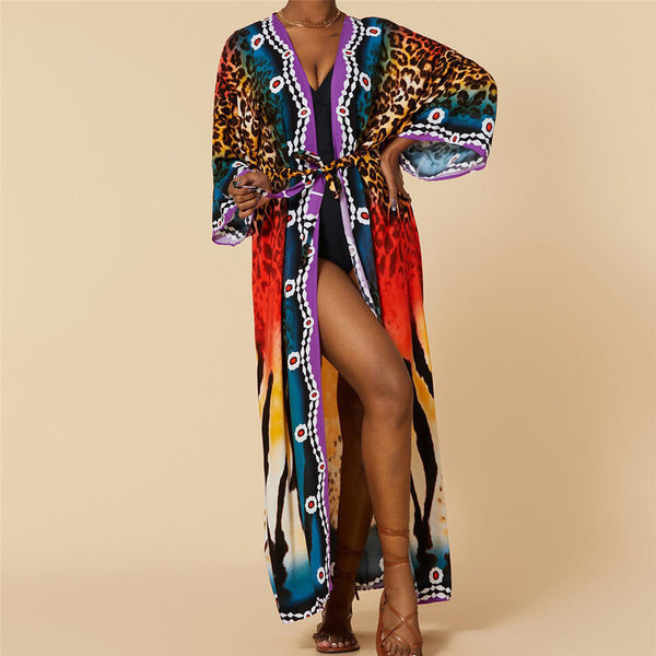 Colorful Leopard Belted Long Beach Cover Up Tunic