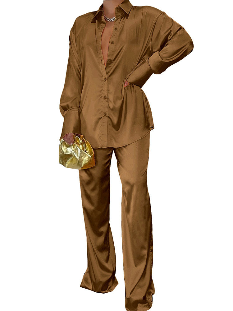 Two Piece Satin Shirts & Long Pants