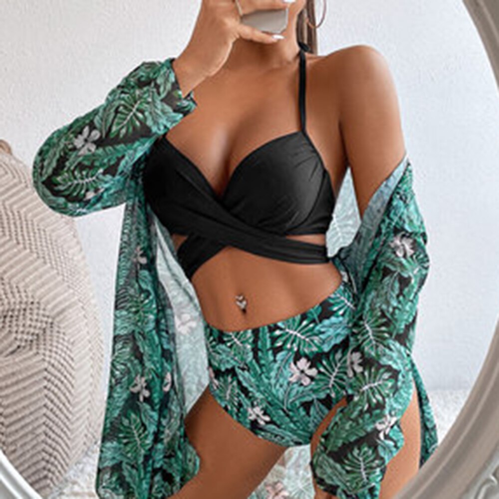 Modest 3 PCS White Floral Swimsuit Push up High Waist Swimwear Cover Up Set