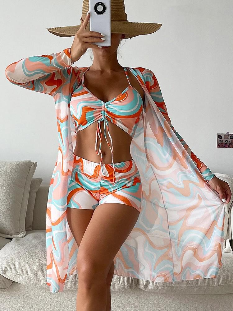 Three Piece Set High Waist Swim Shorts Bikini and Cover Up