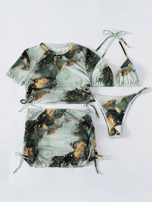 Marble Mist - 4-Pack Halter Bikini Set with Cover Up Skirt