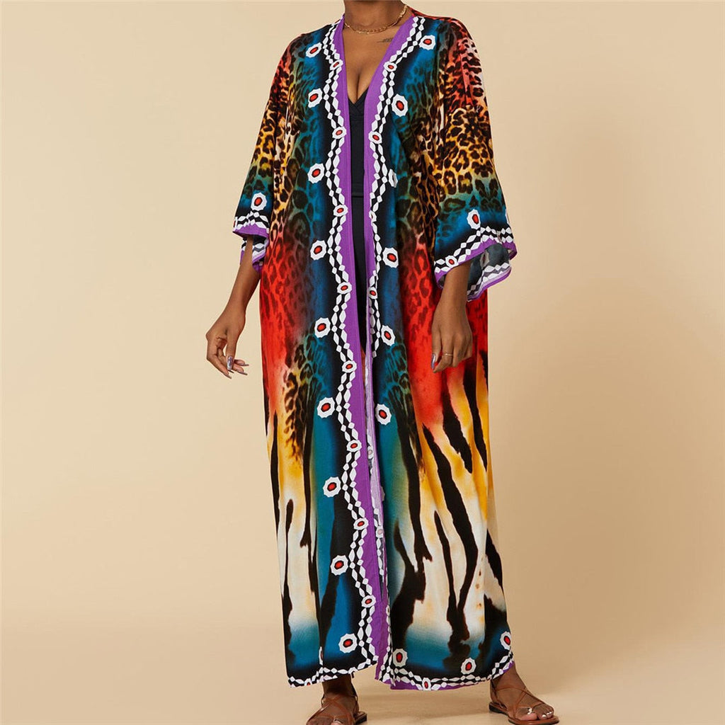 Colorful Leopard Belted Long Beach Cover Up Tunic