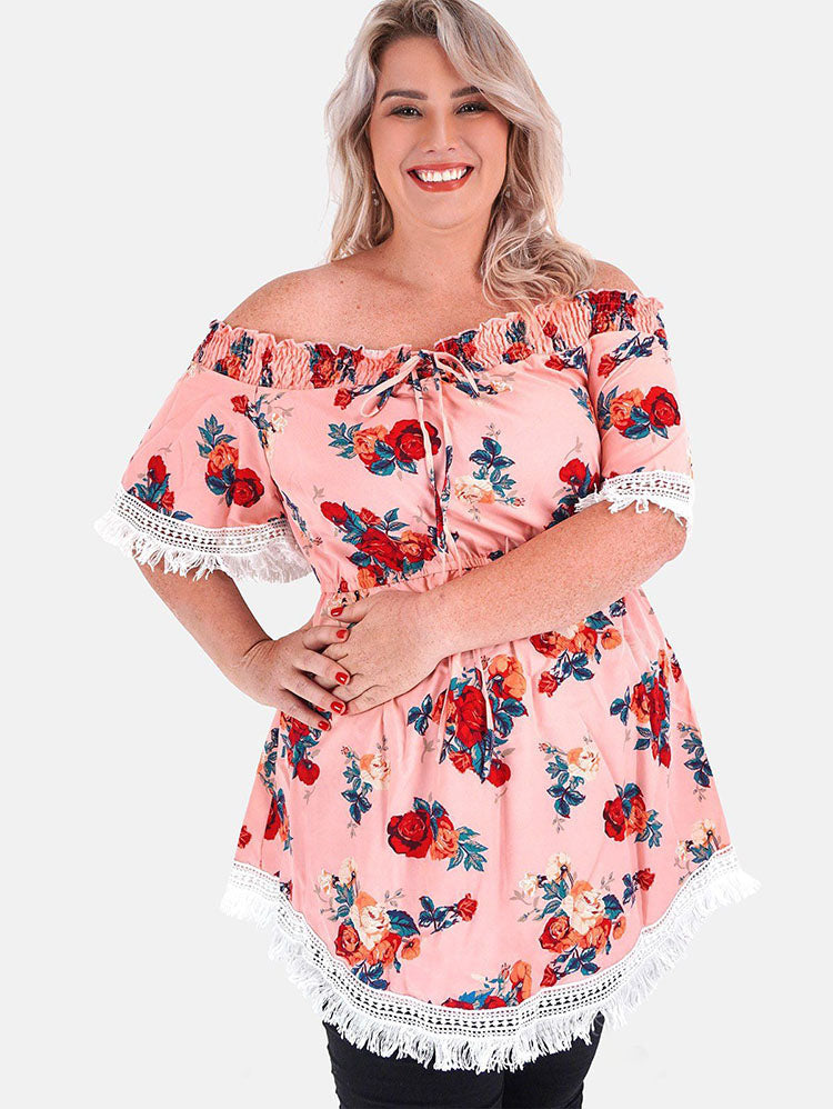 Plus Size Off The Shoulder Lace Up Floral Print Blouse
