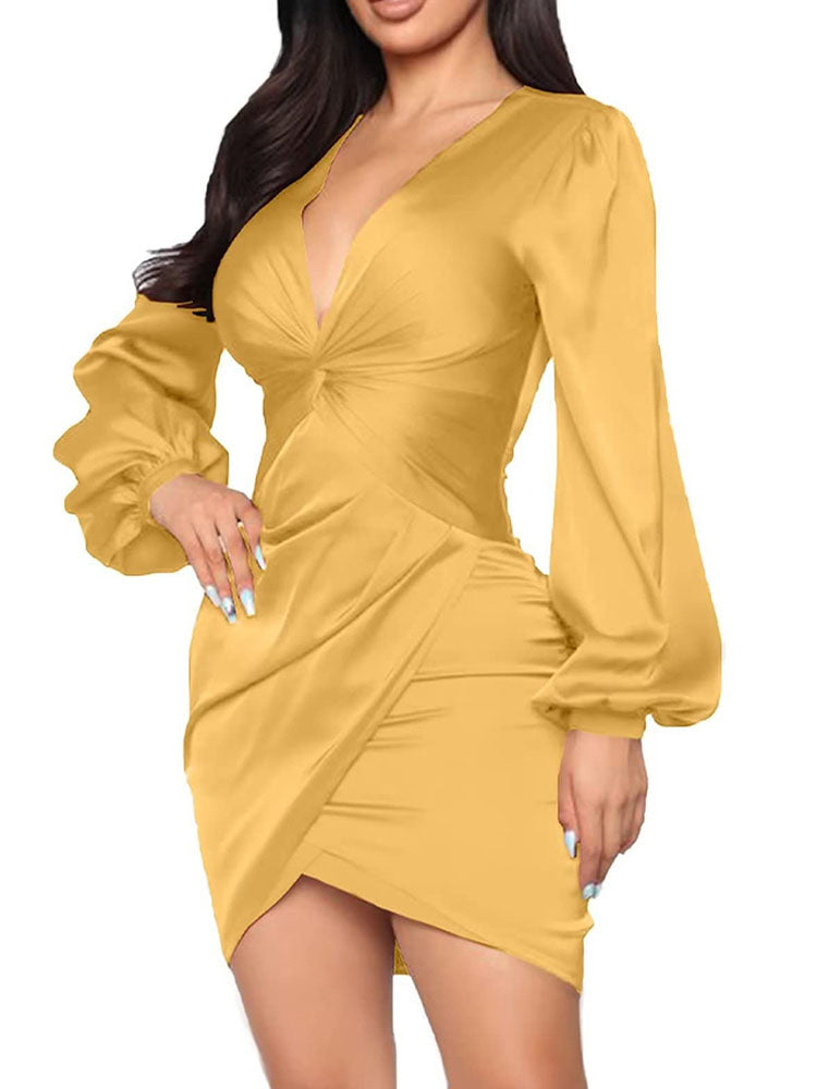 Satin Lantern Sleeves Ruched Mini Dresses