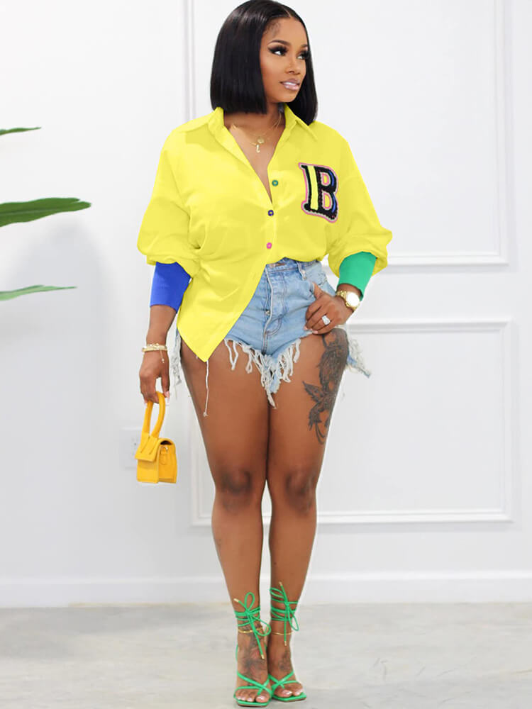 Color Block Letter Embroidery Button Down Shirts