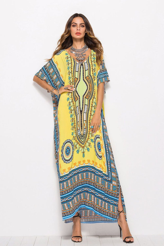Printed V-Neck Side Slit Maxi swimsuit coverup Dress