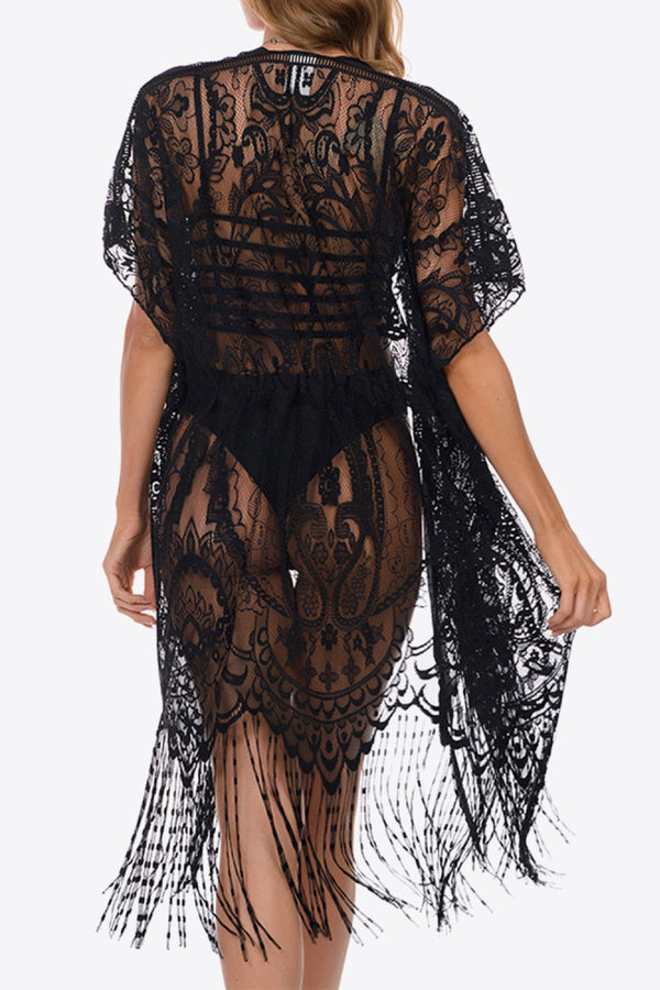 Sunset and Swim Fringe Trim Lace Cover-Up Dress Swimsuit Coverup