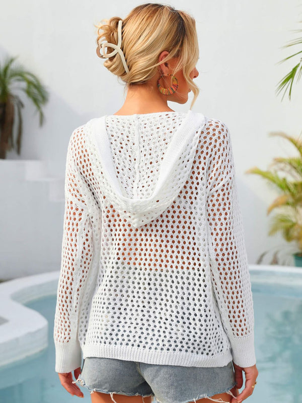Sunset and Swim Flower Graphic Lace-Up Openwork Hooded Cover Up