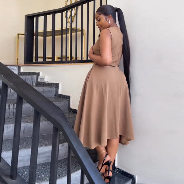 Formal Zipper Solid Color Sleeveless Midi Dress