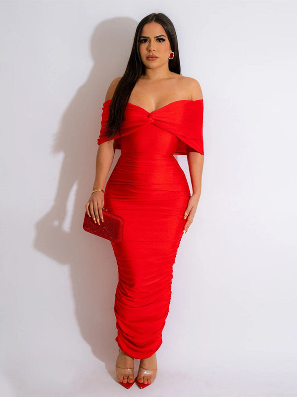 Off Shoulder Ruched Bodycon Maxi Dresses
