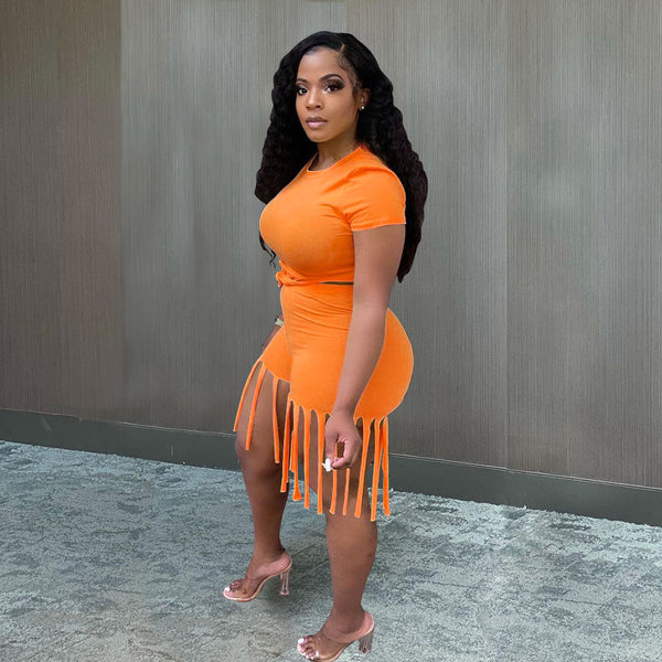 Two Piece Short Sleeve Tops & Tassel Shorts