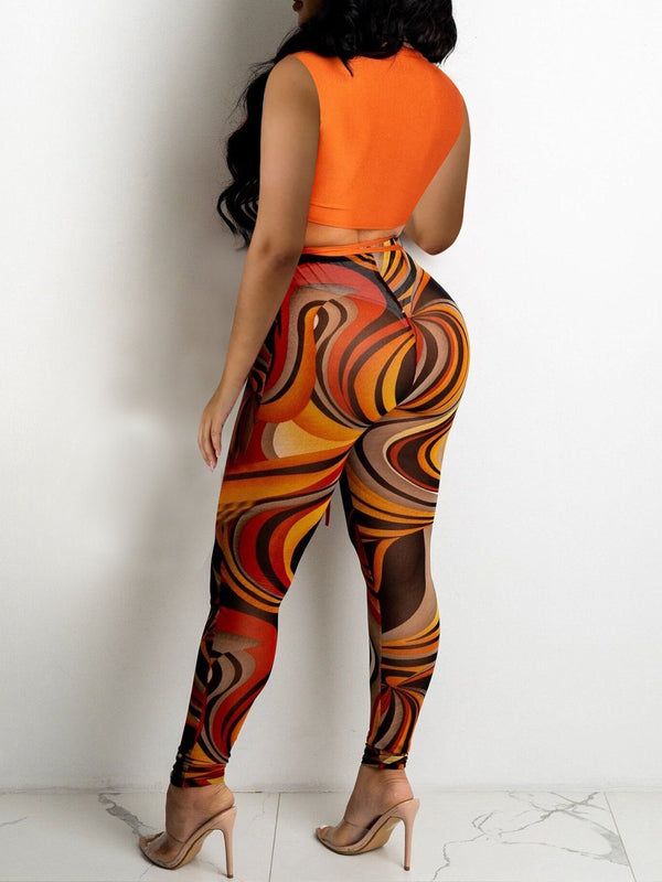 Sleeveless Lace Up Tops & Mesh Pants Sets