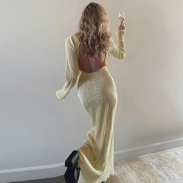 Long Sleeve Backless Solid Maxi Dresses