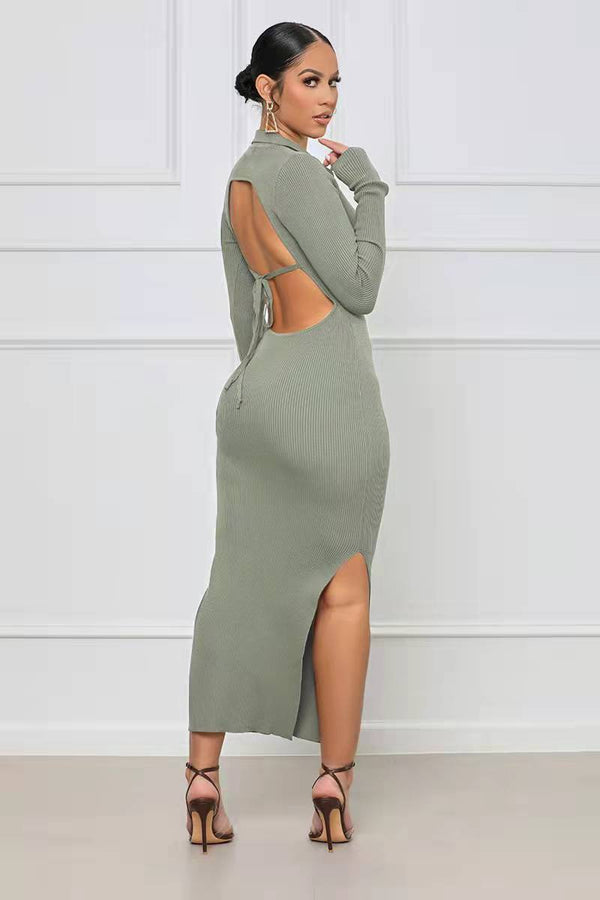 Short Sleeve Lapel Ribbed Slit Dresses