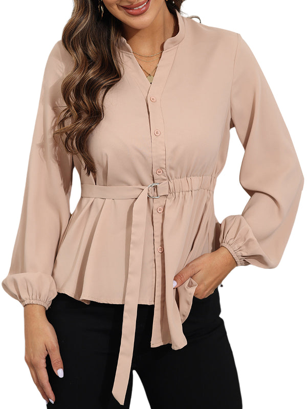 V Neck Long Sleeve Button Tops With Belt