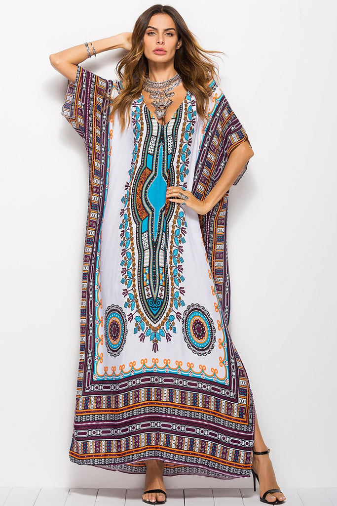 Printed V-Neck Side Slit Maxi swimsuit coverup Dress