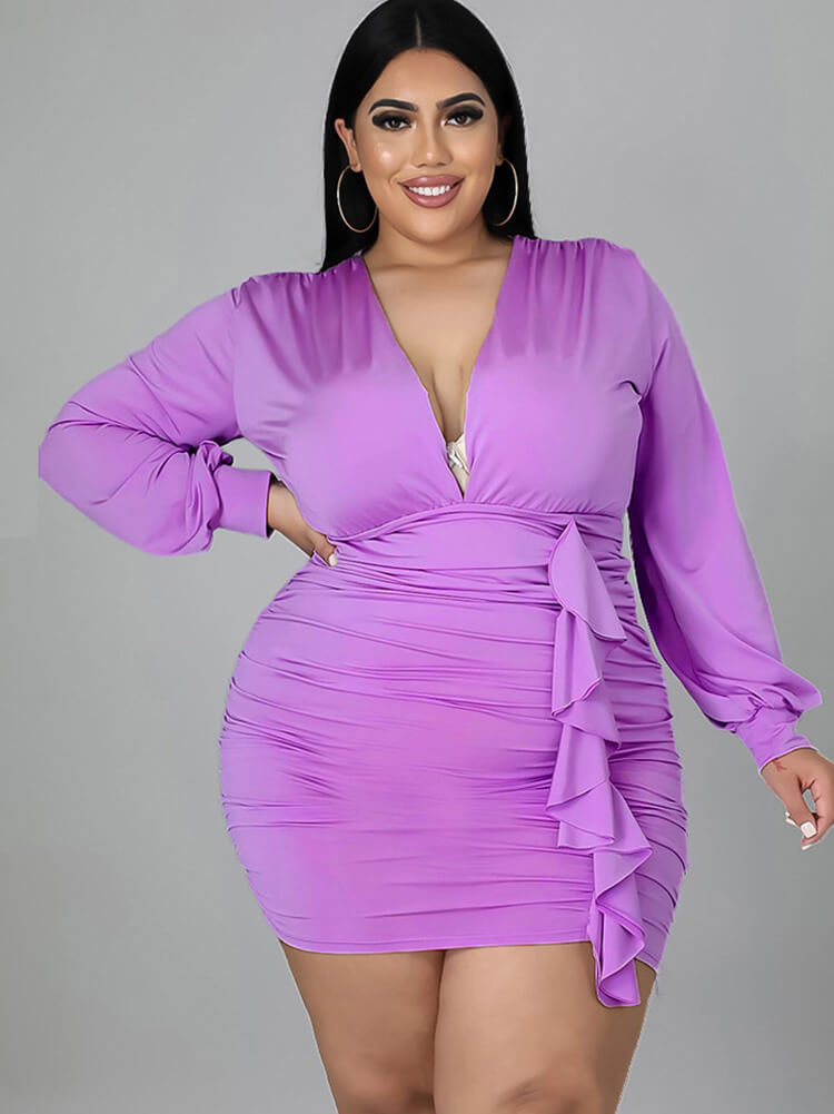 Plus Size Long Sleeve Ruched Bodycon Mini Dresses