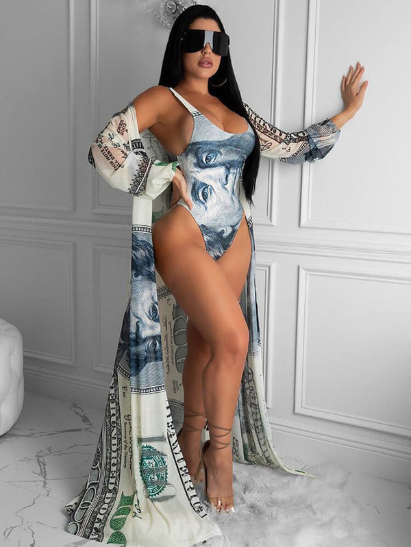 2 Piece Money Print Jumpsuit + Bikini Cover Up