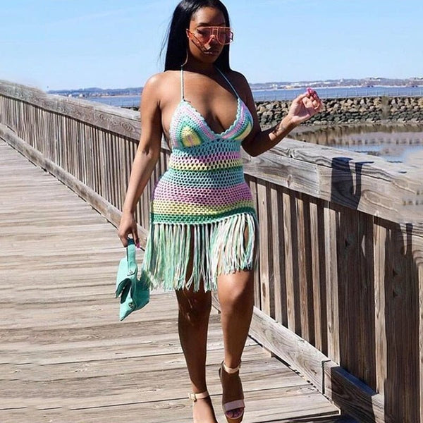 Rainbow Crochet Beach Cover up Summer Dress