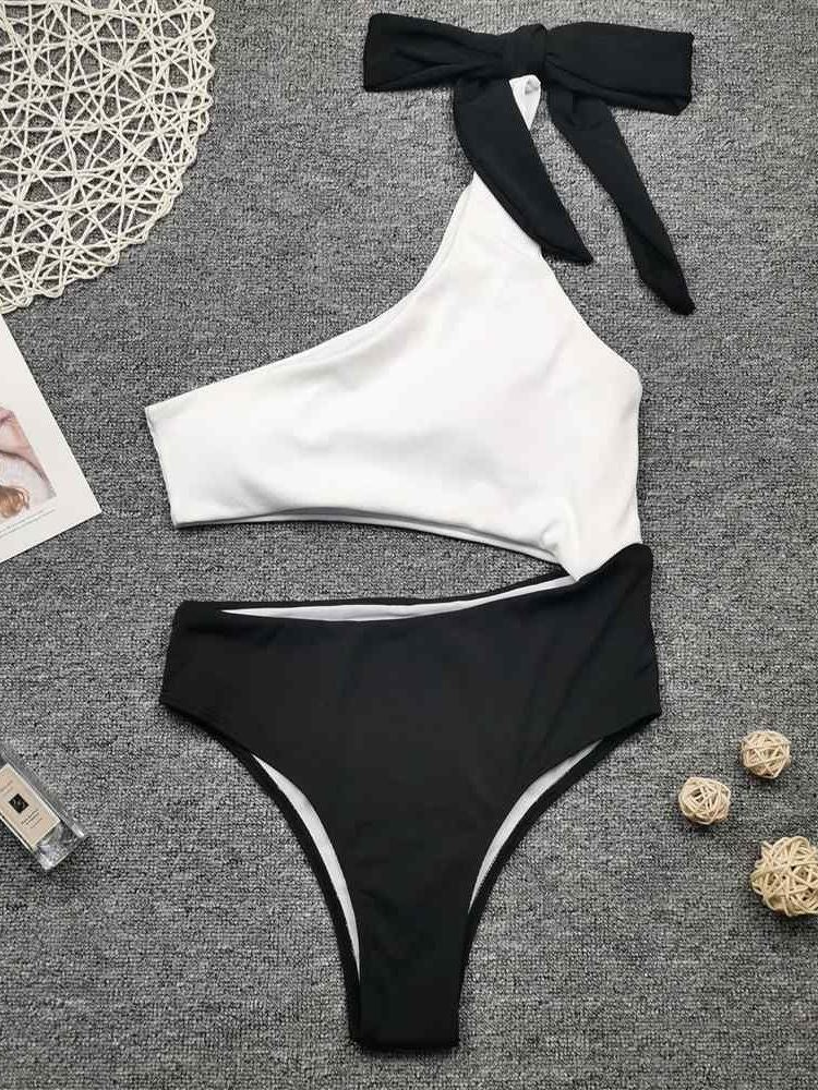White Black Premium One Shoulder Swimsuit